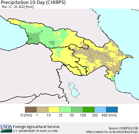 Azerbaijan, Armenia and Georgia Precipitation 10-Day (CHIRPS) Thematic Map For 3/11/2022 - 3/20/2022