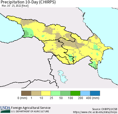 Azerbaijan, Armenia and Georgia Precipitation 10-Day (CHIRPS) Thematic Map For 3/16/2022 - 3/25/2022