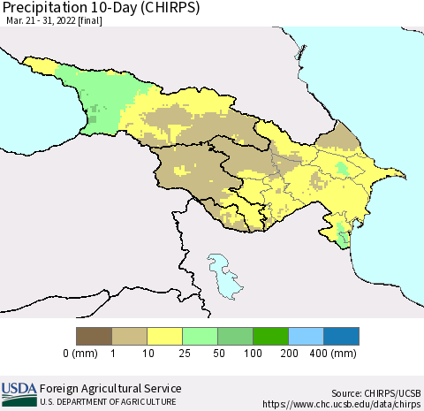 Azerbaijan, Armenia and Georgia Precipitation 10-Day (CHIRPS) Thematic Map For 3/21/2022 - 3/31/2022
