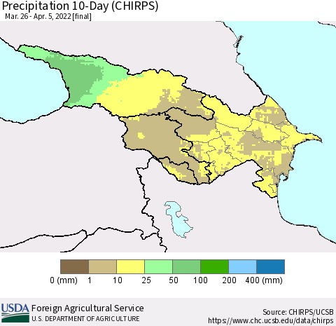 Azerbaijan, Armenia and Georgia Precipitation 10-Day (CHIRPS) Thematic Map For 3/26/2022 - 4/5/2022