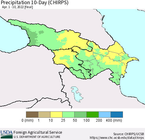 Azerbaijan, Armenia and Georgia Precipitation 10-Day (CHIRPS) Thematic Map For 4/1/2022 - 4/10/2022