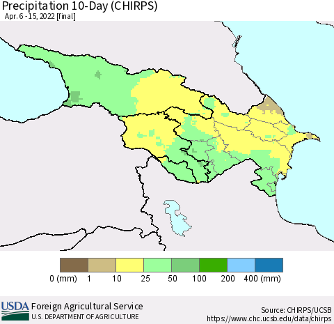 Azerbaijan, Armenia and Georgia Precipitation 10-Day (CHIRPS) Thematic Map For 4/6/2022 - 4/15/2022