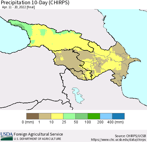 Azerbaijan, Armenia and Georgia Precipitation 10-Day (CHIRPS) Thematic Map For 4/11/2022 - 4/20/2022