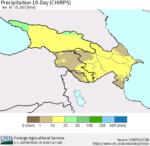 Azerbaijan, Armenia and Georgia Precipitation 10-Day (CHIRPS) Thematic Map For 4/16/2022 - 4/25/2022