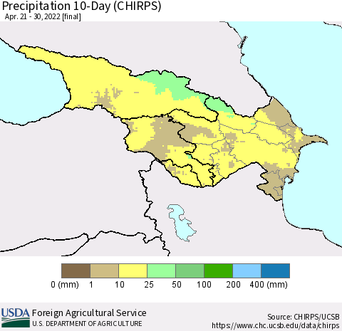 Azerbaijan, Armenia and Georgia Precipitation 10-Day (CHIRPS) Thematic Map For 4/21/2022 - 4/30/2022