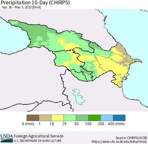 Azerbaijan, Armenia and Georgia Precipitation 10-Day (CHIRPS) Thematic Map For 4/26/2022 - 5/5/2022