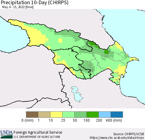 Azerbaijan, Armenia and Georgia Precipitation 10-Day (CHIRPS) Thematic Map For 5/6/2022 - 5/15/2022