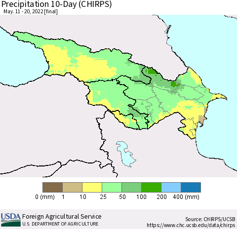 Azerbaijan, Armenia and Georgia Precipitation 10-Day (CHIRPS) Thematic Map For 5/11/2022 - 5/20/2022