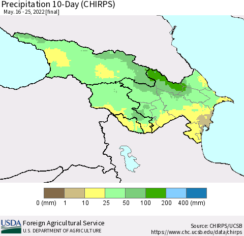 Azerbaijan, Armenia and Georgia Precipitation 10-Day (CHIRPS) Thematic Map For 5/16/2022 - 5/25/2022