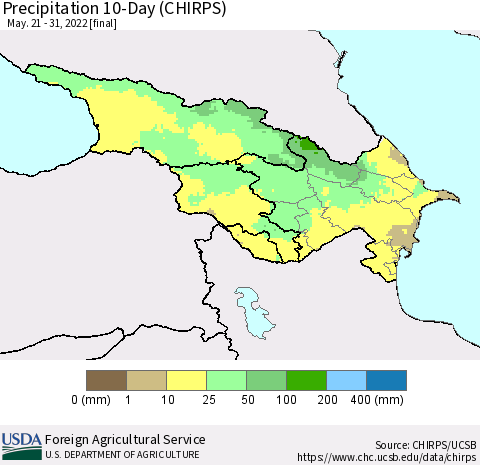Azerbaijan, Armenia and Georgia Precipitation 10-Day (CHIRPS) Thematic Map For 5/21/2022 - 5/31/2022