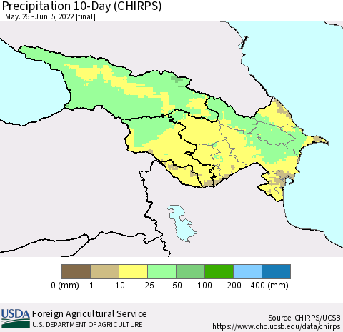 Azerbaijan, Armenia and Georgia Precipitation 10-Day (CHIRPS) Thematic Map For 5/26/2022 - 6/5/2022