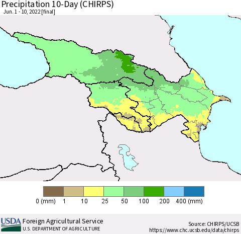 Azerbaijan, Armenia and Georgia Precipitation 10-Day (CHIRPS) Thematic Map For 6/1/2022 - 6/10/2022