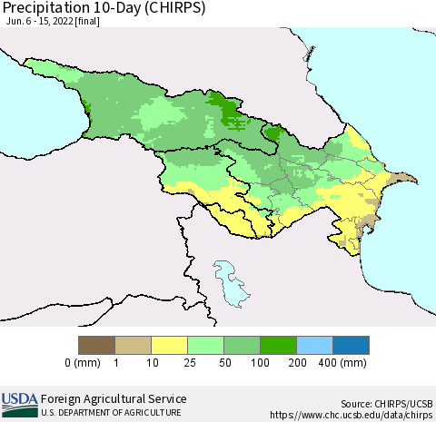 Azerbaijan, Armenia and Georgia Precipitation 10-Day (CHIRPS) Thematic Map For 6/6/2022 - 6/15/2022