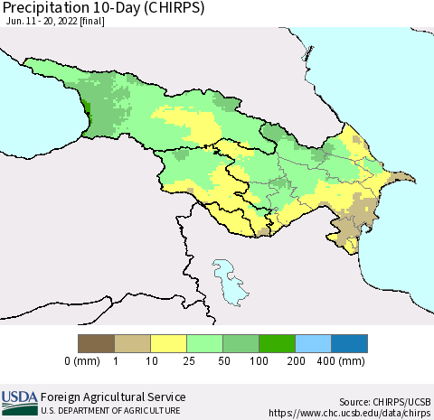 Azerbaijan, Armenia and Georgia Precipitation 10-Day (CHIRPS) Thematic Map For 6/11/2022 - 6/20/2022