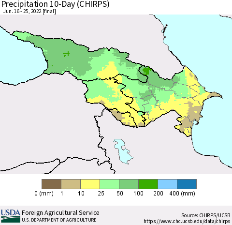 Azerbaijan, Armenia and Georgia Precipitation 10-Day (CHIRPS) Thematic Map For 6/16/2022 - 6/25/2022