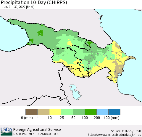 Azerbaijan, Armenia and Georgia Precipitation 10-Day (CHIRPS) Thematic Map For 6/21/2022 - 6/30/2022