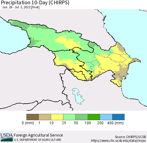 Azerbaijan, Armenia and Georgia Precipitation 10-Day (CHIRPS) Thematic Map For 6/26/2022 - 7/5/2022