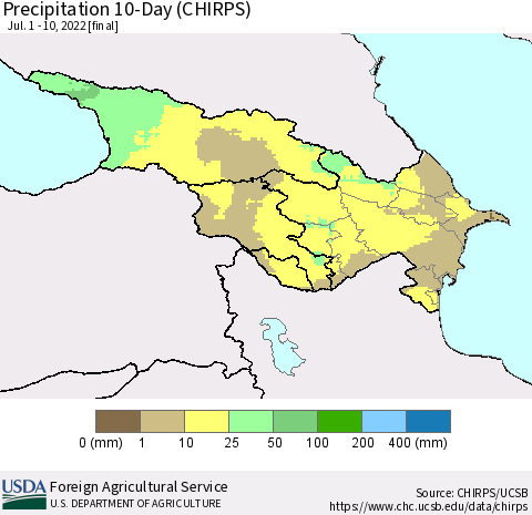 Azerbaijan, Armenia and Georgia Precipitation 10-Day (CHIRPS) Thematic Map For 7/1/2022 - 7/10/2022