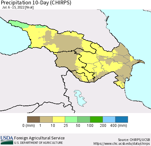 Azerbaijan, Armenia and Georgia Precipitation 10-Day (CHIRPS) Thematic Map For 7/6/2022 - 7/15/2022