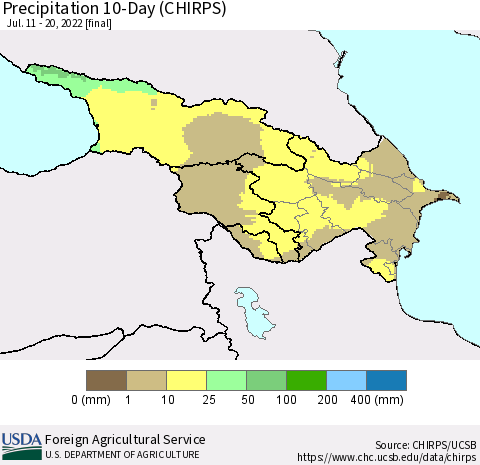 Azerbaijan, Armenia and Georgia Precipitation 10-Day (CHIRPS) Thematic Map For 7/11/2022 - 7/20/2022