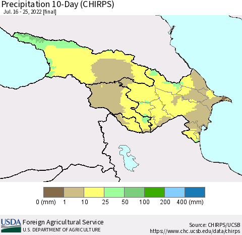 Azerbaijan, Armenia and Georgia Precipitation 10-Day (CHIRPS) Thematic Map For 7/16/2022 - 7/25/2022