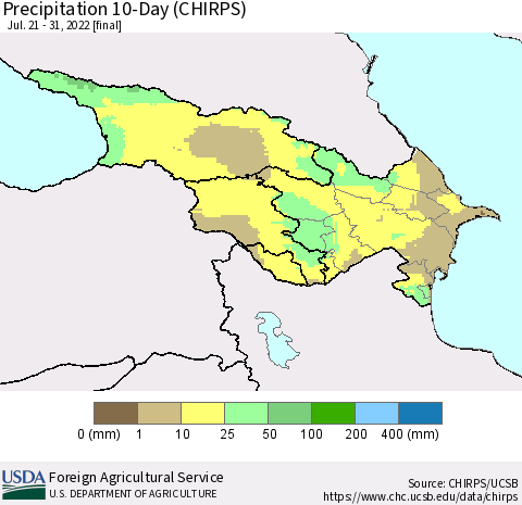 Azerbaijan, Armenia and Georgia Precipitation 10-Day (CHIRPS) Thematic Map For 7/21/2022 - 7/31/2022