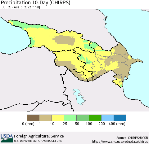 Azerbaijan, Armenia and Georgia Precipitation 10-Day (CHIRPS) Thematic Map For 7/26/2022 - 8/5/2022