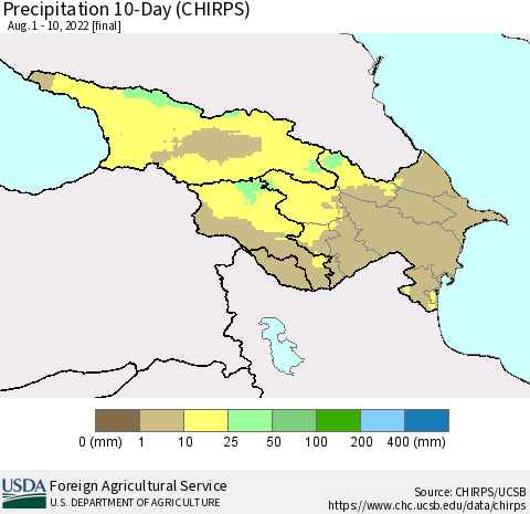 Azerbaijan, Armenia and Georgia Precipitation 10-Day (CHIRPS) Thematic Map For 8/1/2022 - 8/10/2022
