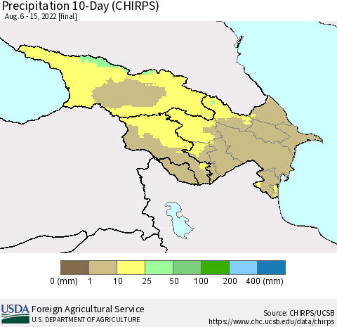 Azerbaijan, Armenia and Georgia Precipitation 10-Day (CHIRPS) Thematic Map For 8/6/2022 - 8/15/2022