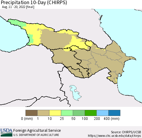 Azerbaijan, Armenia and Georgia Precipitation 10-Day (CHIRPS) Thematic Map For 8/11/2022 - 8/20/2022