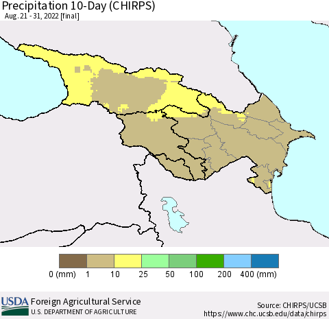 Azerbaijan, Armenia and Georgia Precipitation 10-Day (CHIRPS) Thematic Map For 8/21/2022 - 8/31/2022