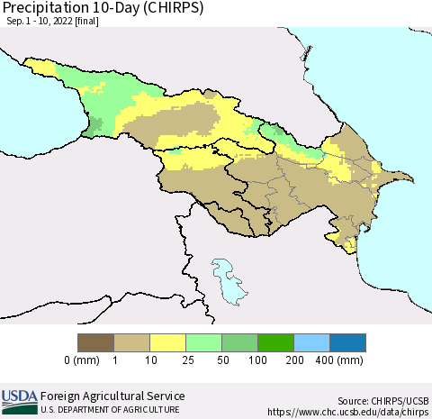 Azerbaijan, Armenia and Georgia Precipitation 10-Day (CHIRPS) Thematic Map For 9/1/2022 - 9/10/2022