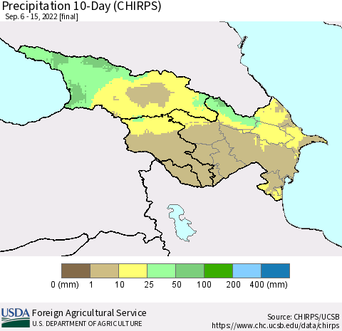 Azerbaijan, Armenia and Georgia Precipitation 10-Day (CHIRPS) Thematic Map For 9/6/2022 - 9/15/2022
