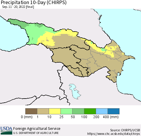 Azerbaijan, Armenia and Georgia Precipitation 10-Day (CHIRPS) Thematic Map For 9/11/2022 - 9/20/2022