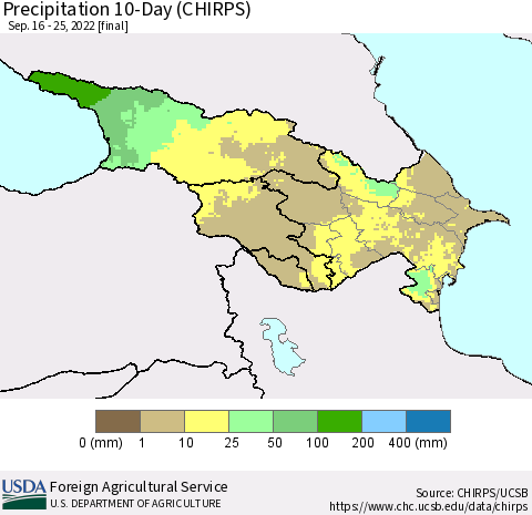 Azerbaijan, Armenia and Georgia Precipitation 10-Day (CHIRPS) Thematic Map For 9/16/2022 - 9/25/2022