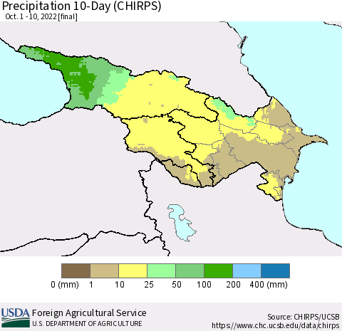 Azerbaijan, Armenia and Georgia Precipitation 10-Day (CHIRPS) Thematic Map For 10/1/2022 - 10/10/2022