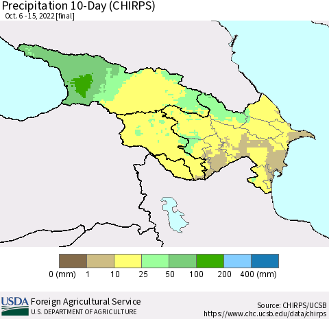 Azerbaijan, Armenia and Georgia Precipitation 10-Day (CHIRPS) Thematic Map For 10/6/2022 - 10/15/2022