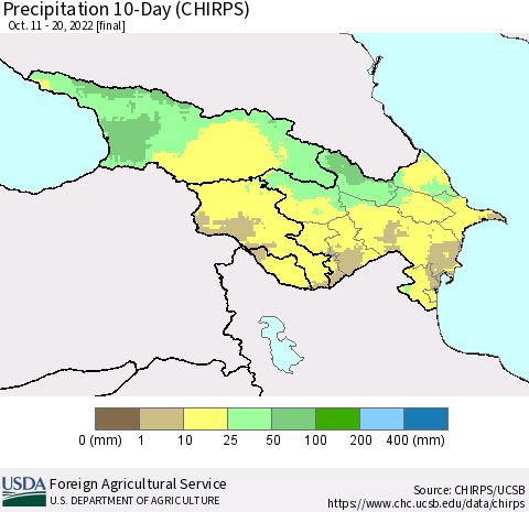 Azerbaijan, Armenia and Georgia Precipitation 10-Day (CHIRPS) Thematic Map For 10/11/2022 - 10/20/2022