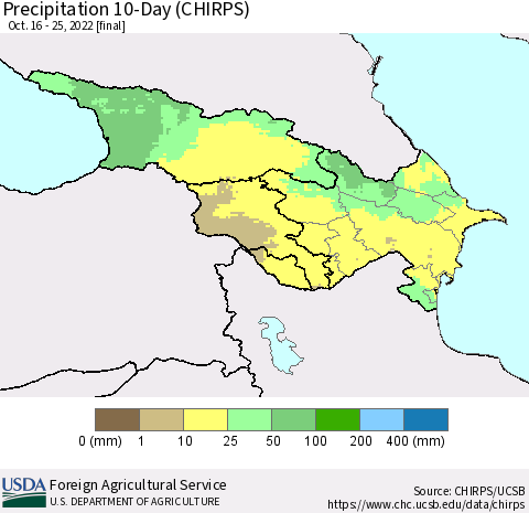 Azerbaijan, Armenia and Georgia Precipitation 10-Day (CHIRPS) Thematic Map For 10/16/2022 - 10/25/2022