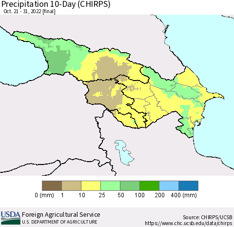 Azerbaijan, Armenia and Georgia Precipitation 10-Day (CHIRPS) Thematic Map For 10/21/2022 - 10/31/2022