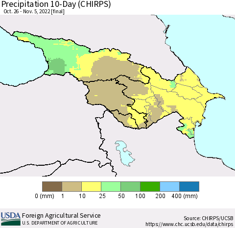 Azerbaijan, Armenia and Georgia Precipitation 10-Day (CHIRPS) Thematic Map For 10/26/2022 - 11/5/2022