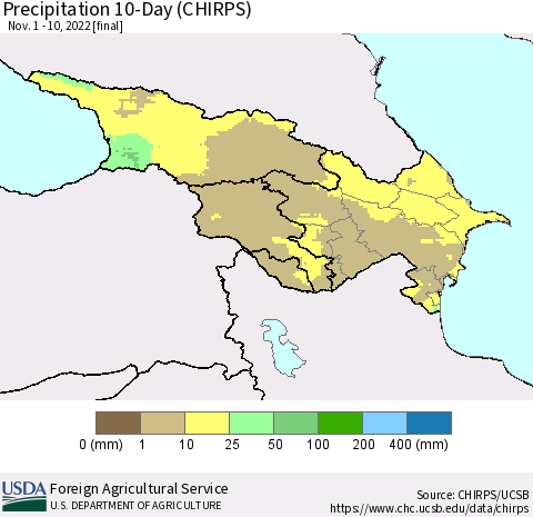 Azerbaijan, Armenia and Georgia Precipitation 10-Day (CHIRPS) Thematic Map For 11/1/2022 - 11/10/2022