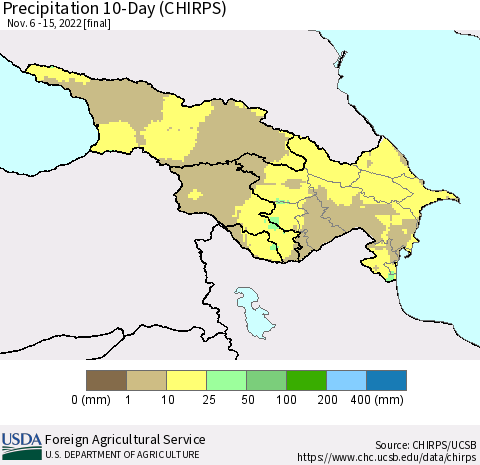 Azerbaijan, Armenia and Georgia Precipitation 10-Day (CHIRPS) Thematic Map For 11/6/2022 - 11/15/2022