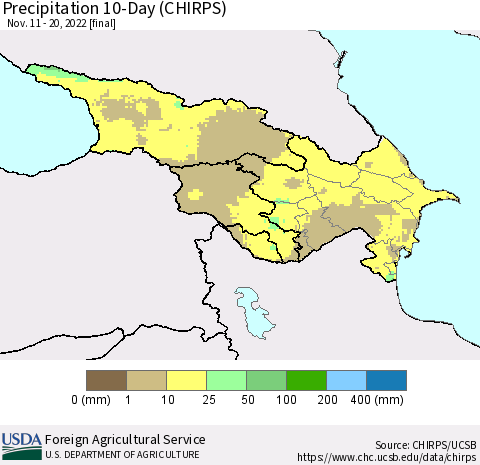 Azerbaijan, Armenia and Georgia Precipitation 10-Day (CHIRPS) Thematic Map For 11/11/2022 - 11/20/2022