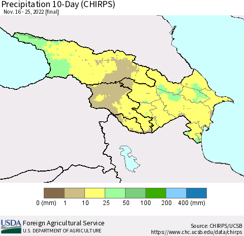 Azerbaijan, Armenia and Georgia Precipitation 10-Day (CHIRPS) Thematic Map For 11/16/2022 - 11/25/2022