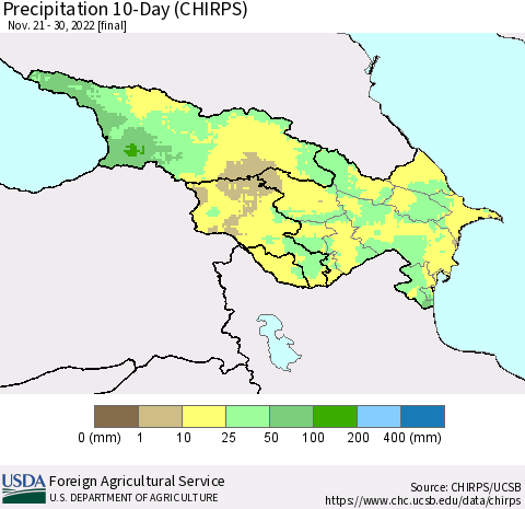 Azerbaijan, Armenia and Georgia Precipitation 10-Day (CHIRPS) Thematic Map For 11/21/2022 - 11/30/2022