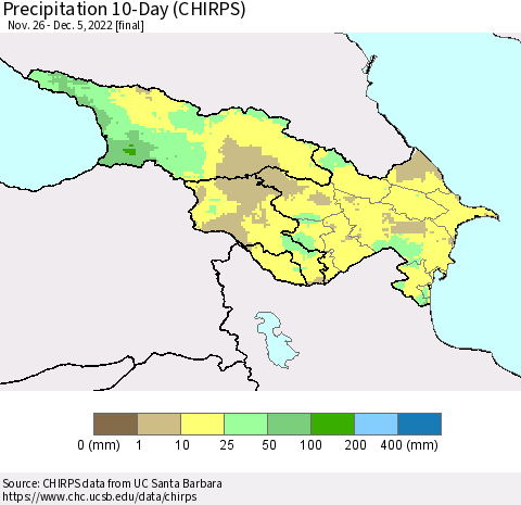 Azerbaijan, Armenia and Georgia Precipitation 10-Day (CHIRPS) Thematic Map For 11/26/2022 - 12/5/2022