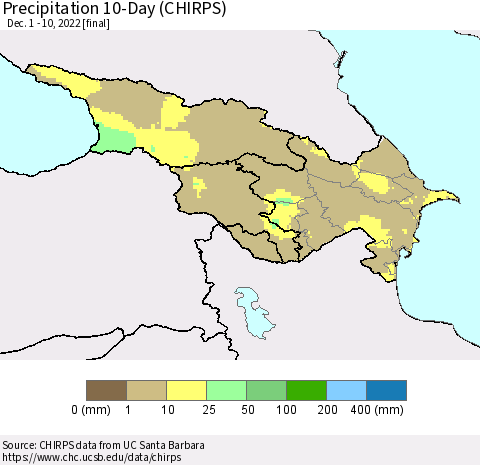 Azerbaijan, Armenia and Georgia Precipitation 10-Day (CHIRPS) Thematic Map For 12/1/2022 - 12/10/2022
