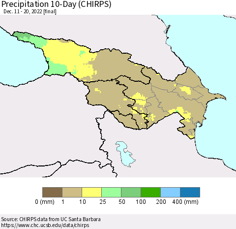 Azerbaijan, Armenia and Georgia Precipitation 10-Day (CHIRPS) Thematic Map For 12/11/2022 - 12/20/2022