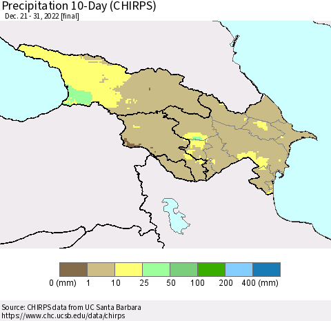 Azerbaijan, Armenia and Georgia Precipitation 10-Day (CHIRPS) Thematic Map For 12/21/2022 - 12/31/2022